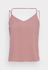Camisole rose pâle froissé avec fines bretelles réglables et encolure en V, fabriquée en tissu léger pour le confort et la facilité de port.