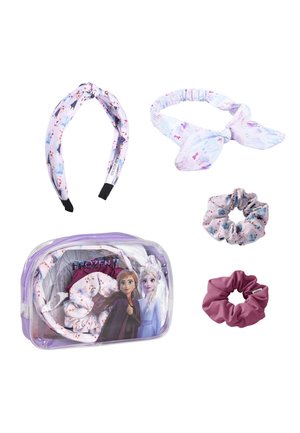 Set includes a transparent purple pouch, two fabric headbands with floral patterns, and two scrunchies in varied colors and designs.