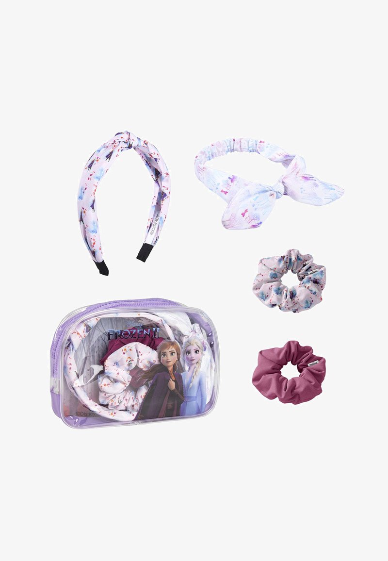 Set includes a transparent purple pouch, two fabric headbands with floral patterns, and two scrunchies in varied colors and designs.