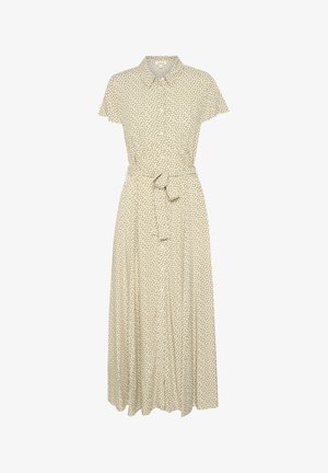 Maxi košeľové šaty v béžovej farbe s bielou bodkovanou potlačou, s krátkymi rukávmi, golierom a nastaviteľným opaskom v pase, vyrobené z ľahkého materiálu.