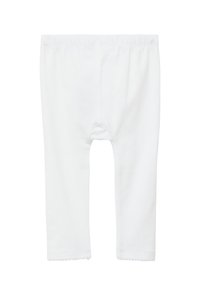 Leggings bianchi per bambini con vita elastica e bordo in pizzo sui polsini, esposti piatti su uno sfondo bianco.
