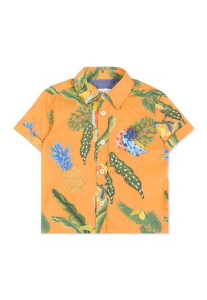 Chemise orange à manches courtes avec boutons, motif tropical d'ananas, bananes, feuilles vertes et toucan.
