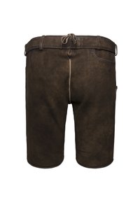 Shorts en cuir marron à la texture lisse, dotés d'une taille avec cordon et de deux poches arrière. Design simple, coupe à mi-cuisse.