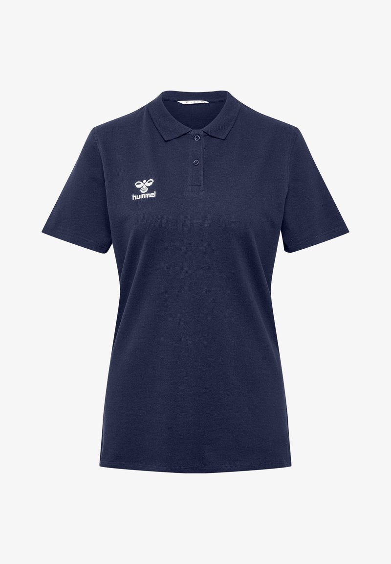Polo bleu marine à manches courtes avec deux boutons et logo hummel blanc sur le côté gauche de la poitrine.