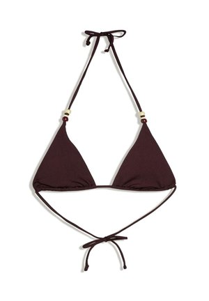 Dark brown triangle bikini top with halter neck and back ties, featuring small decorative white and brown beads on the neck straps.