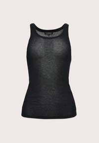 Czarny top na ramiączkach wykonany z lekkiego, przezroczystego materiału. Posiada okrągły dekolt i dopasowany krój. Krawędzie wykończone prostą, czarną lamówką.