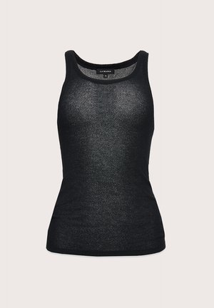 Czarny top na ramiączkach wykonany z lekkiego, przezroczystego materiału. Posiada okrągły dekolt i dopasowany krój. Krawędzie wykończone prostą, czarną lamówką.