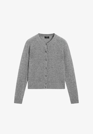 Grå strikket cardigan med knapper og lange ærmer, ribbede manchetter og kant, lagt fladt på en hvid baggrund.