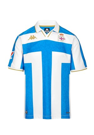 Maillot de football blanc et bleu avec col, logo Kappa et écusson de l'équipe Deportivo La Coruña sur la poitrine.
