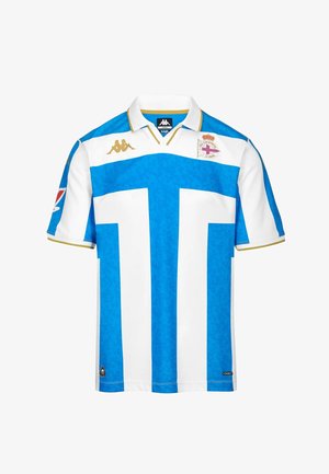 Maillot de football blanc et bleu avec col, logo Kappa et écusson de l'équipe Deportivo La Coruña sur la poitrine.