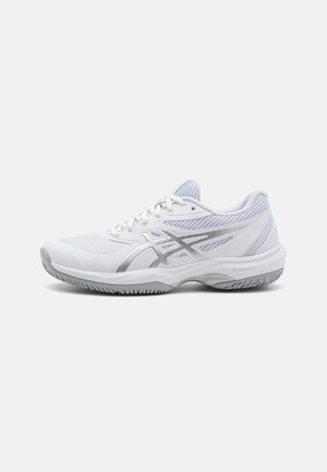 White athletic shoe with a textured mesh upper, silver logo, and durable rubber outsole. Features padded collar and laces for secure fit.