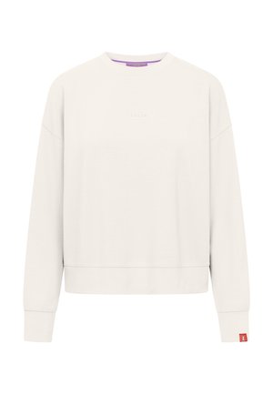 Lange mouwen, gebroken witte ronde hals sweater met subtiele geborduurde merknaam op de borst en een klein rood logolabel op de linker manchetten.