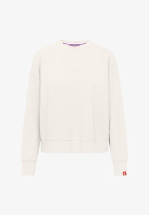 Lange mouwen, gebroken witte ronde hals sweater met subtiele geborduurde merknaam op de borst en een klein rood logolabel op de linker manchetten.