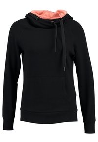 Hoodie noir à manches longues avec poche kangourou et cordons de serrage, doté d'une doublure intérieure de capuche rose corail.