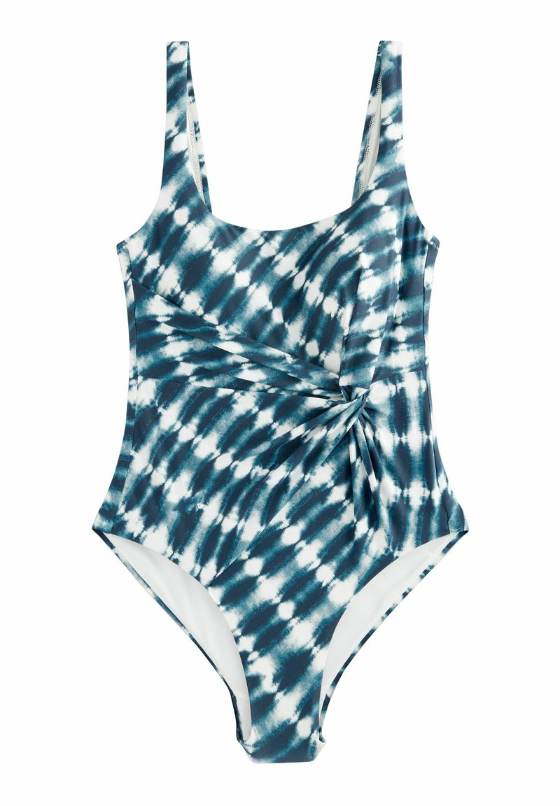 Maillot de bain une pièce avec un motif tie-dye en teal et blanc, mettant en avant un détail à l'avant torsadé et des bretelles ajustables, fabriqué en tissu lisse.