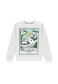 Sweatshirt gris clair avec des poignets et un col côtelés, arborant un graphique vert d'une chaussure de sport et le texte "DC Athletics" sur le devant.
