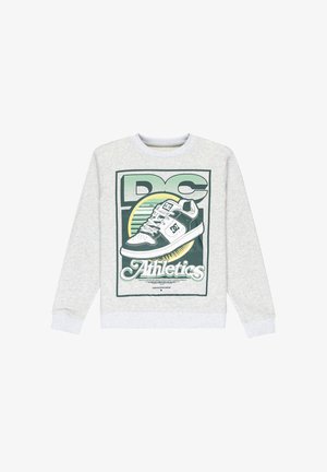 Jasnoszara bluza z ribbowymi mankietami i dekoltem, z zieloną grafiką przedstawiającą sneaker oraz napisem "DC Athletics" z przodu.