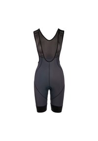 Black cycling bib shorts featuring a mesh back, padded seat area, and elastic leg bands. Smooth texture with a fitted, aerodynamic design.