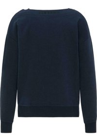 Námořnická modrá mikina s širokým výstřihem, dlouhými rukávy, hřebíkovanými manžetami a lemem a vyvýšeným textovým logem na zadním výstřihu. Měkká textura tkaniny.