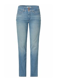 Jeans de mezclilla azul claro con un diseño de pierna recta, que cuentan con dos bolsillos frontales, dos bolsillos traseros y un cierre de botón.
