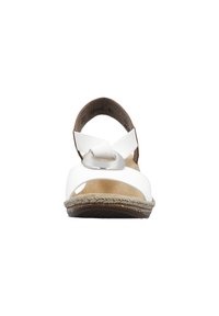 Sandal in pelle bianca con punta aperta, cinturino alla caviglia, accessori in argento e suola marrone texturizzata. Presenta una soletta morbida per il massimo comfort.