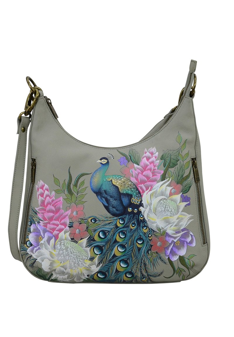 Grijze leren handtas met een pauw en florale ontwerpen in levendige kleuren, met een gladde afwerking en een enkele verstelbare schouderriem.