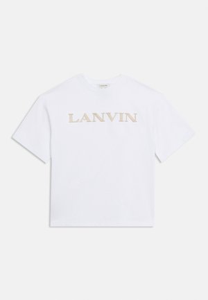 White short-sleeve crewneck T-shirt with beige "LANVIN" text embroidered across the chest.