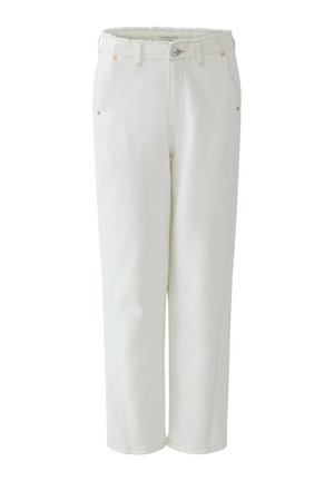 Pantalon blanc à jambe droite avec passants pour ceinture, poches avant, fermeture par bouton et coutures visibles, conçu avec une coupe ample et une finition soignée.
