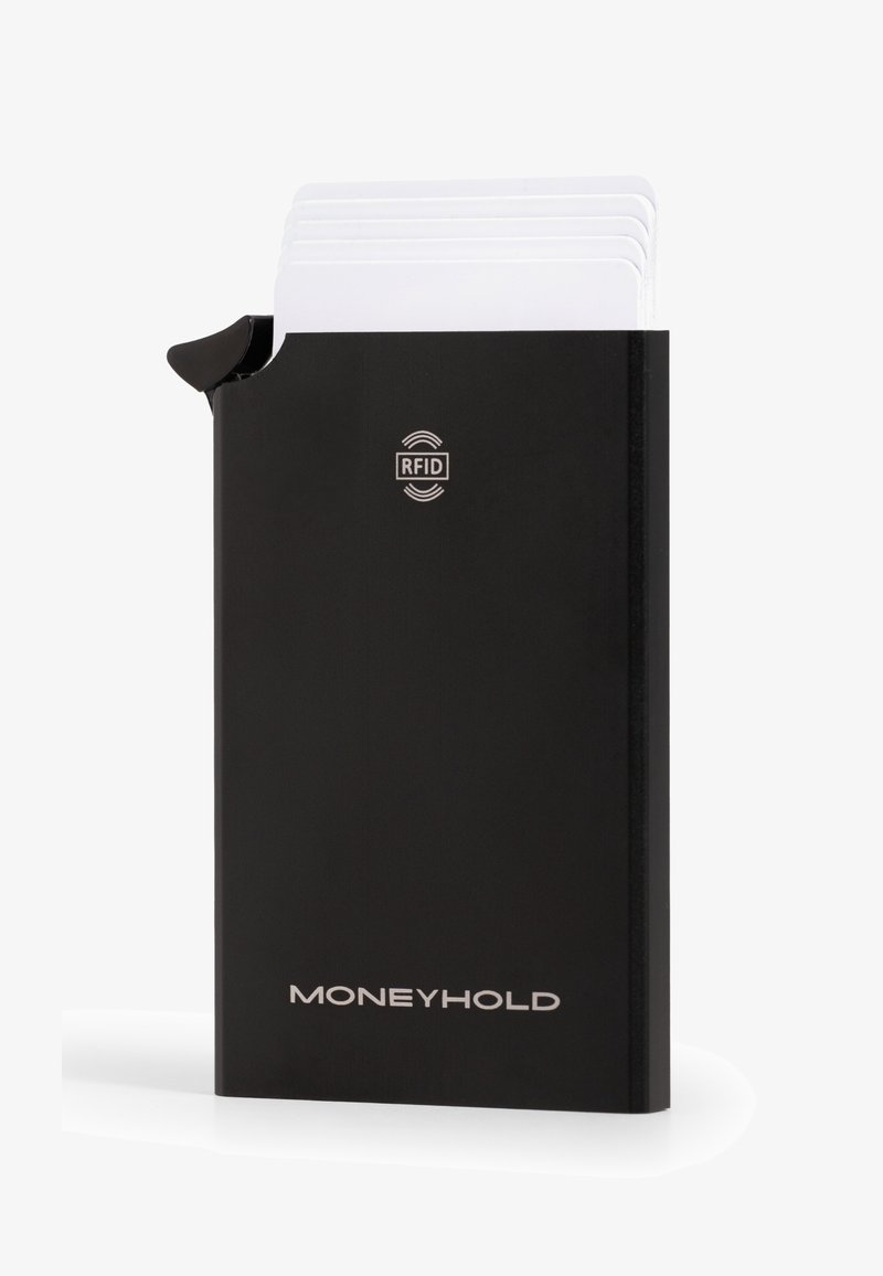 Musta RFID-suojattu korttikotelo, jossa lukee "MONEYHOLD" ja useita valkoisia kortteja osittain yläosasta ulkona.