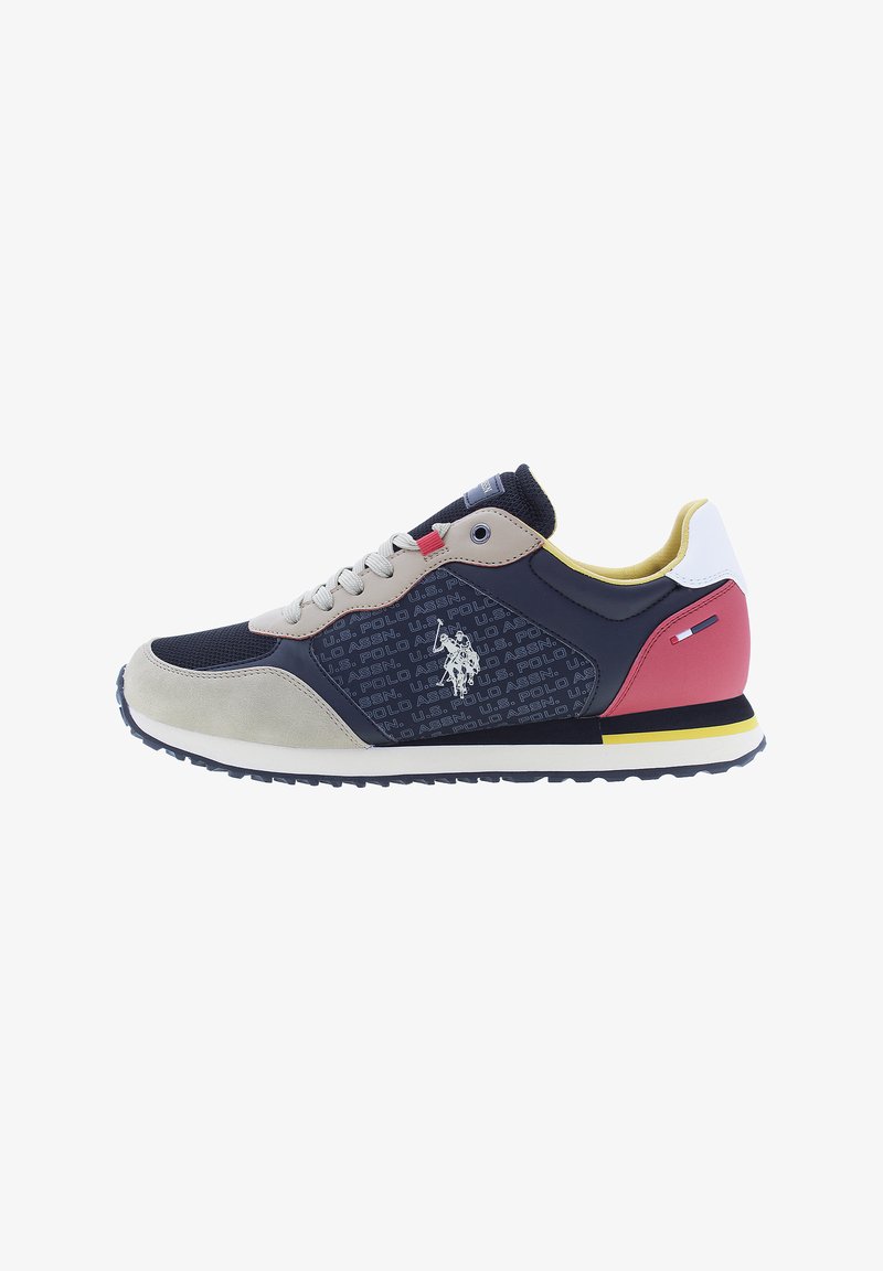Navy and beige sneaker with a textured design, rubber sole, lace-up closure, and colorful accents in red, yellow, and white.