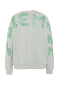 Gray sweatshirt with oversized mint green print letters on back and sleeves, featuring ribbed cuffs and hem. Soft, textured fabric.