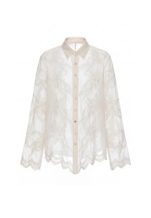 Weiße transparente Bluse mit langen Ärmeln, Blumenstickerei, geschwungenem Saum und Knopfleiste vorne mit klassischem Kragen.
