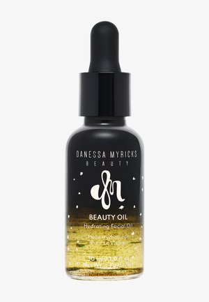 Flacon compte-gouttes en verre noir avec un dégradé du noir au doré, arborant du texte et un logo en blanc. Capacité de 30 mL d'huile visage hydratante.