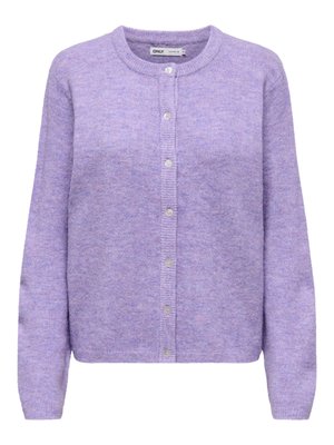 Purpurinis kardiganas iš minkštos medžiagos, suapvalintu kaklo iškirpimu, ilgomis rankovėmis, sagų užsegimu priekyje ir ribbingu apatinėje dalyje bei rankogaliuose.