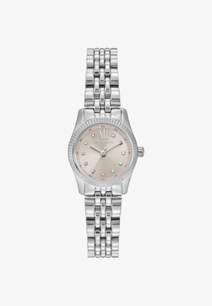 Montre-bracelet Michael Kors en acier inoxydable argenté avec cadran beige, chiffre romain XII, index d’heure en cristal et bracelet à cinq maillons.