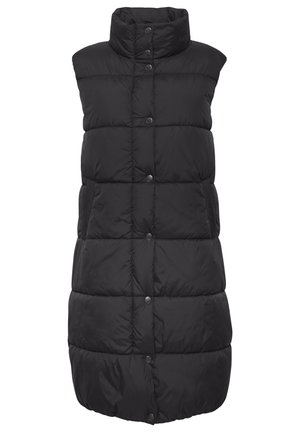 Črna brezrokavna puffer brezrokavnik z višjim ovratnikom, z gumbnim zapiranjem in prešitimi teksturami. Ima stranske žepe in dolžino do kolen.