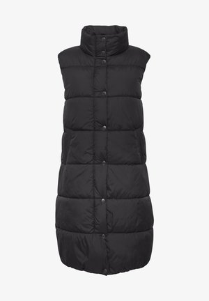 Črna brezrokavna puffer brezrokavnik z višjim ovratnikom, z gumbnim zapiranjem in prešitimi teksturami. Ima stranske žepe in dolžino do kolen.