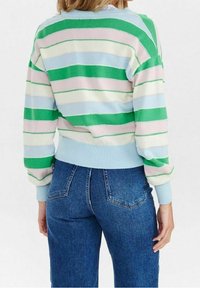 Kvinna i en pastelrandig tröja i grönt, blått, vitt och rosa, med blå högmidjade jeans, sedd bakifrån mot en vit bakgrund.