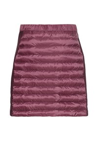 Middellange puffer rok in diep bordeaux, met een gequiltde textuur en een elastische tailleband. Zijpanelen in een contrasterende donkerdere tint.