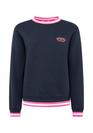 Marineblaues Sweatshirt mit pinken und weißen gestreiften Rippbündchen und Kragen. Mit einem kleinen pinken Herz-Logo auf der linken Brustseite.