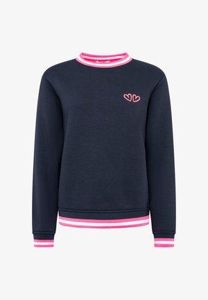 Marineblaues Sweatshirt mit pinken und weißen gestreiften Rippbündchen und Kragen. Mit einem kleinen pinken Herz-Logo auf der linken Brustseite.