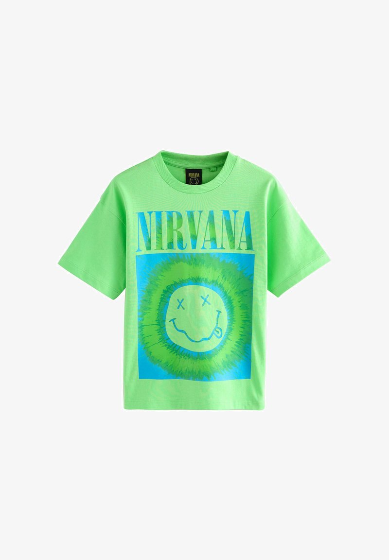Grøn T-shirt med korte ærmer med stort blågrønt tie-dye-smileyansigt-design og "NIRVANA" tekst hen over brystet.
