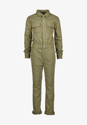 Combinaison vert olive à manches longues, poches poitrine, fermetures à boutons-pression, taille élastique et revers roulés, fabriquée en tissu de coton robuste.