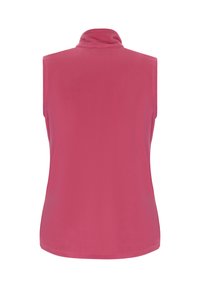 Gilet senza maniche con colletto alto in morbido pile rosa, caratterizzato da una texture liscia e un orlo arrotondato per un fit casual.