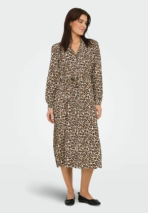 Leopardprint midi-jurk met lange mouwen, een verstelbare taille en een kraag. Gemaakt van zacht materiaal, met een beige en bruine kleurenschema.