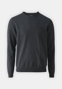 Suéter de punto gris oscuro con mangas largas, cuello redondo, puños y dobladillo acanalados. Textura suave, sin patrones o adornos visibles.