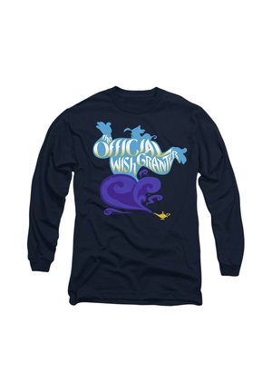 Long-sleeve navy shirt featuring colorful text saying "The Official Wish Granter" with a design of a genie and a lamp. Soft fabric, casual fit.
