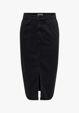 Jupe en denim noir avec une fente sur le devant, cinq poches et une fermeture éclair. Fabriquée en tissu résistant avec des détails de couture subtils.