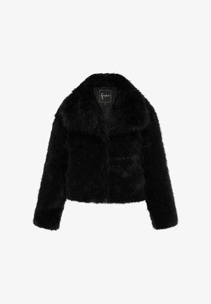 Chaqueta de pelo sintético negra con un diseño cropped, amplio cuello con muescas, mangas largas y una textura suave. Presenta un cierre frontal.