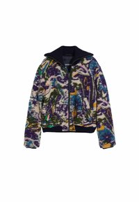 Giacca in pile con zip frontale, caratterizzata da un motivo astratto multicolore in viola, verde e giallo, con un colletto e polsini a costine in blu navy.